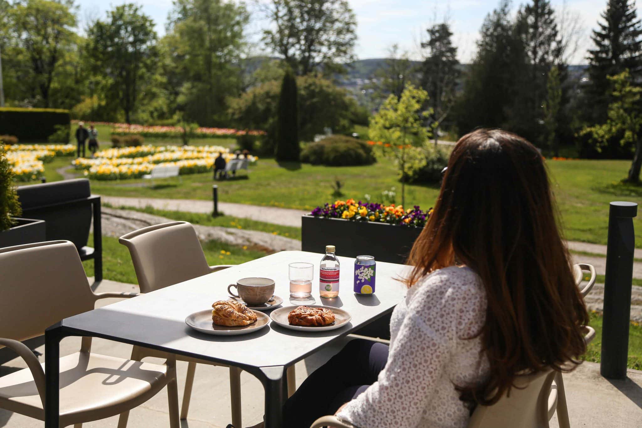 Kafé Aall Inn, kvinne ved kafebord og utsikt over parken