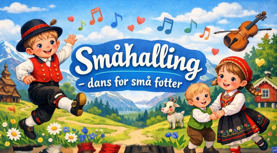 Småhalling - dans for små føtter. Logoen for arrangementet. Arrangør: Gjerpen frilynte ungdomslag, Askeladden leikarring og Telemark museum